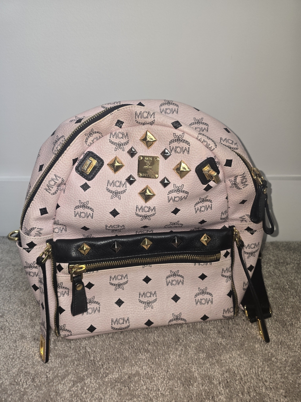 MCM Pink Visetos Studded Leather Backpack